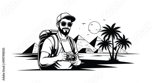 Professional photographer with a camera and backpack stands in front of the ancient pyramids of Egypt under a hot desert sun.