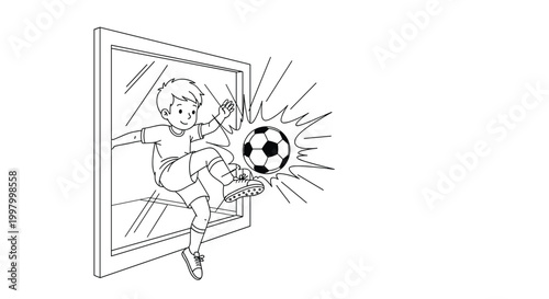 Mischievous boy accidentally kicks a soccer ball through a glass window pane causing it to shatter in this action-filled line art scene.