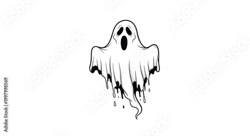 Spooky white ghost with black eyes and a large gaping mouth floats in the air with dripping liquid effects for Halloween decoration.
