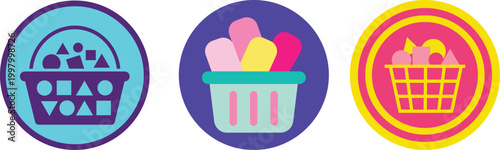 Colorful shopping basket icons set, flat vector grocery hamper illustrations, vibrant retail store symbols for e-commerce and marketing apps