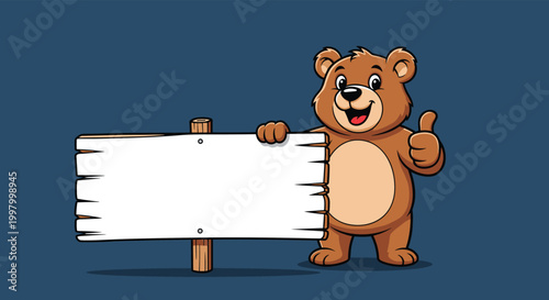 Friendly brown bear gives a thumbs up while standing next to a blank wooden sign for your own custom message or text.