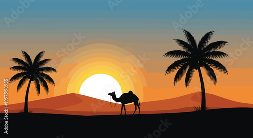 Silhouette of a camel walking through the desert dunes at sunset between two tall palm trees in a warm summer landscape.
