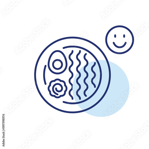 Seafood ramen and smiley face. Asian food takeaway and delivery. Positive customer feedback. Pixel perfect, editable stroke vector icon