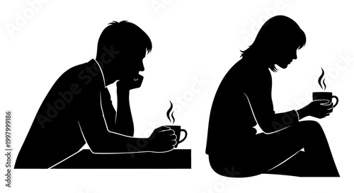 People drinking coffee silhouette icon set, white background, vector Illustration