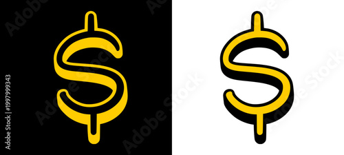 Gold themed dollar sign featuring a thin black outline and urban hand style lettering. This street art icon represents wealth and hustle with a clean, high-contrast aesthetic.