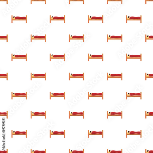 Person resting in bed under a red blanket in a repeating flat cartoon pattern