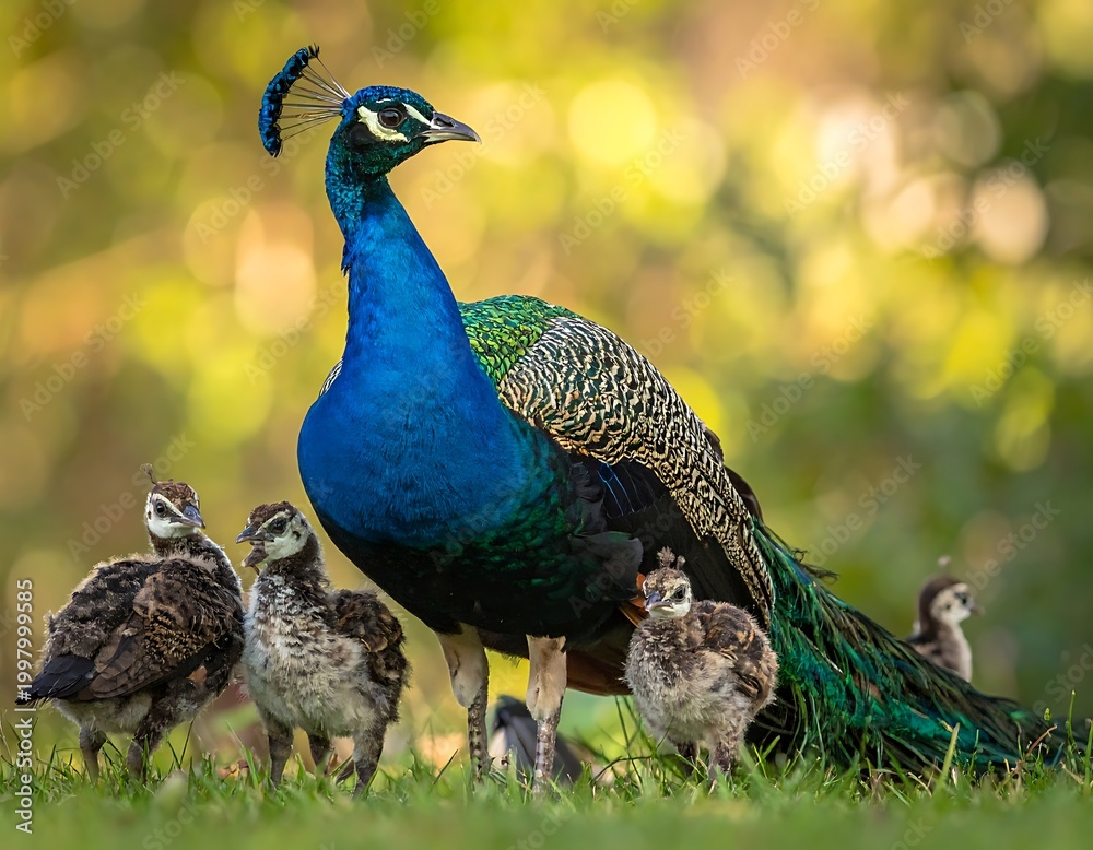 Obraz premium A vibrant peacock with iridescent feathers standing among its chicks