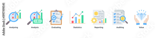 Data Analysis banner with analysing,analysis,evaluating,statistics,reporting,auditing and value icons for business analytics concept