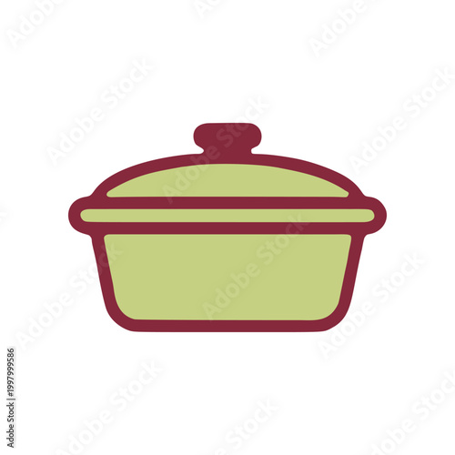 Green casserole dish illustration with lid and maroon outlines on white