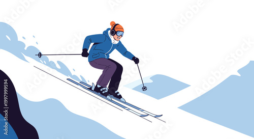 Energetic person wearing a blue jacket and headphones skis down a steep snowy mountain slope during the cold winter time.