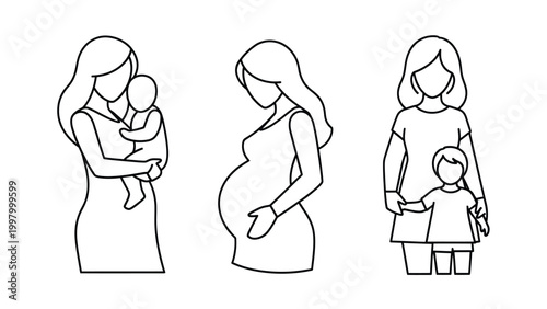 Pregnancy and motherhood line art illustration showing pregnant woman and mother with child.