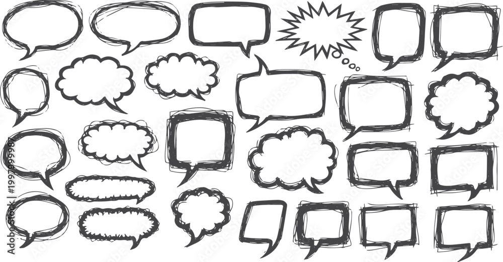 Obraz premium Collection of hand-drawn black speech bubbles and thought clouds
