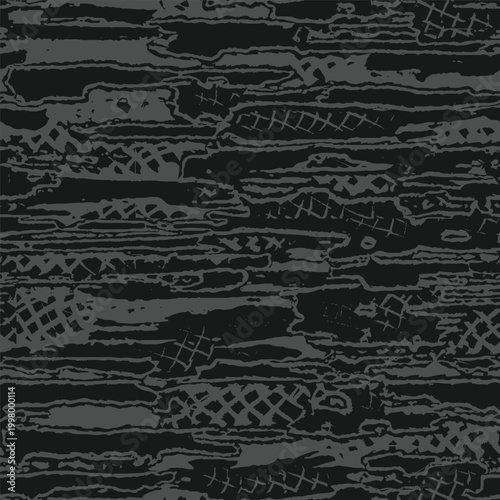 Camouflage ink grunge texture. Seamless abstract wallpaper. Modern fashion design.Black camo made hand draws brush stroke. Doodle style pattern. Vector background 