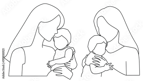 Continuous line art drawing of two women holding their babies showing motherhood and love concepts.
