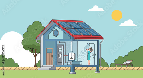 Informative cross section illustration of eco friendly house featuring solar panels and hot water system for sustainable living energy.