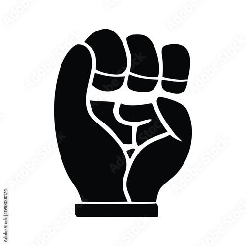 A stark black and white image depicts a clenched fist raised upwards symbolizing solidarity and resistance a powerful silhouette high quality
