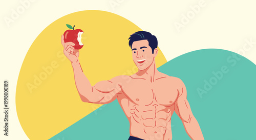 Athletic muscular man holding bitten red apple representing healthy diet and fitness lifestyle against abstract colorful background.