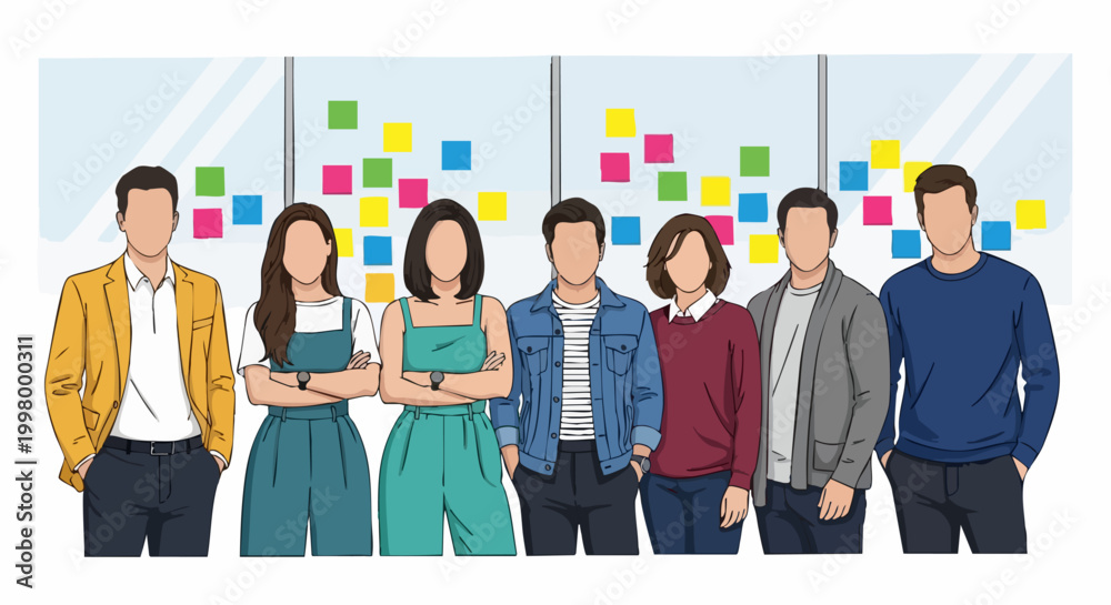 Obraz premium Teamwork with Colorful Sticky Notes: A diverse group of colleagues stand shoulder-to-shoulder.