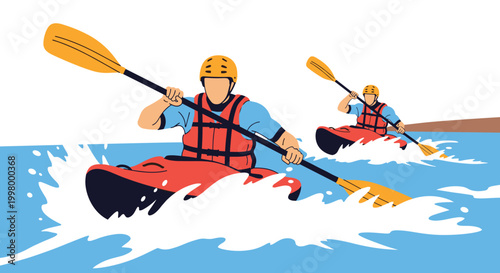Two adventurous people in safety gear paddling kayaks through splashing white water waves in exciting outdoor river sport activity.