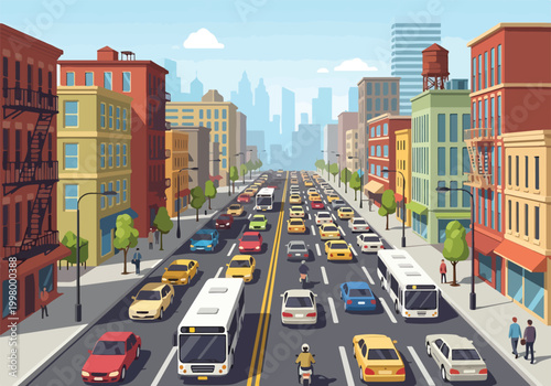 Colorful illustration of a bustling city street with traffic and buildings