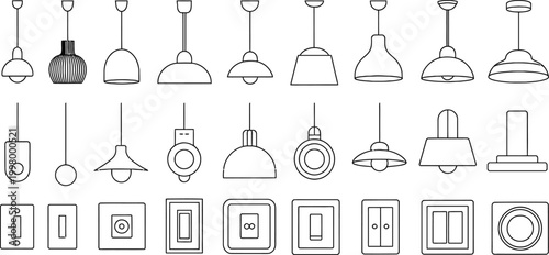 Light Fixture Icons, Lamp and Lighting Symbols, Electrical Outlet Illustrations, Vector Set of 25