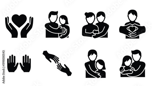 Set of family care and support icons featuring parents and children with heart symbols in minimalist black style.
