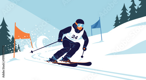 Professional skier in number 24 bib racing down snowy mountain slope through slalom flags during winter sports competition.
