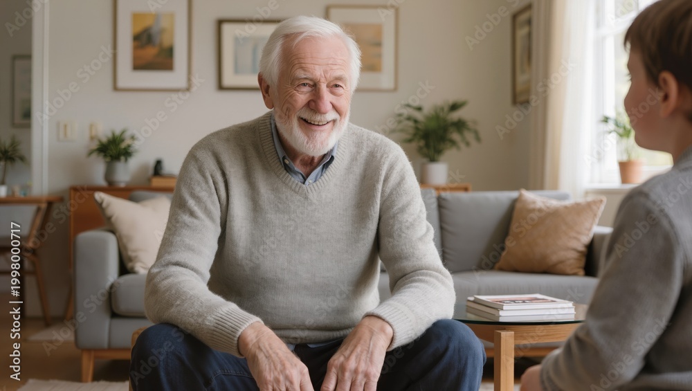 Fototapeta premium Smiling senior man talking with child at home