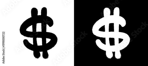 Minimalist black and white dollar sign featuring a classic spray paint texture. The hand style lettering and fine paint particles give this money icon a raw and authentic street art feel.