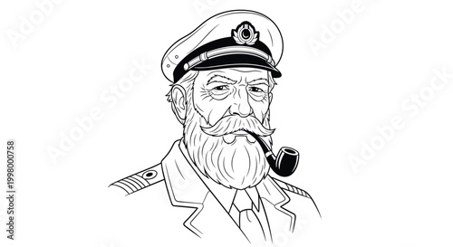 Experienced sea captain with a thick gray beard and maritime hat smoking a classic wooden pipe in a black and white line art style.