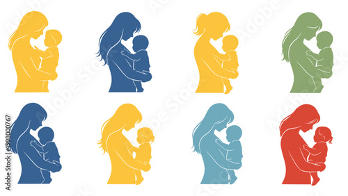 Collection of colorful silhouettes depicting mother and baby.