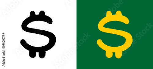 Urban dollar sign icon featuring a realistic spray paint texture with fine mist effects. This street art hand style design uses a vibrant green and yellow contrast for a bold look.