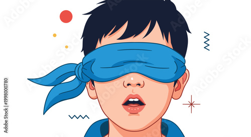 Young boy with short black hair wearing a bright blue fabric blindfold over his eyes while playing a fun sensory game during a party.