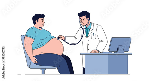 Medical doctor using a stethoscope to examine the abdomen of an overweight male patient sitting on a chair in a healthcare clinic.