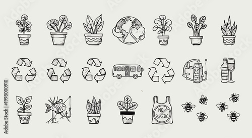 Eco friendly hand drawn icons set, sustainable lifestyle doodle vector elements, recycling and nature conservation symbols on beige background