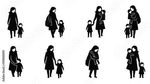 Mother child walking together hand in hand parent and kid silhouette walking side by side parent child care.