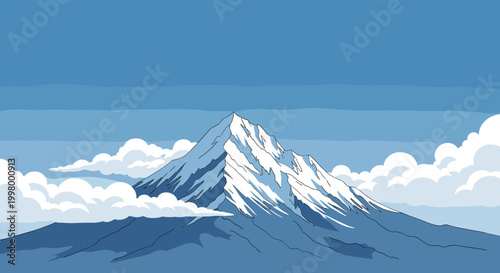 Majestically tall snow-capped mountain peak rising sharply above a layer of fluffy white clouds into a clear blue atmosphere.