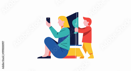 Modern flat vector illustration of a mother using a smartphone while her child plays nearby, concept of digital distraction and screen time, family lifestyle