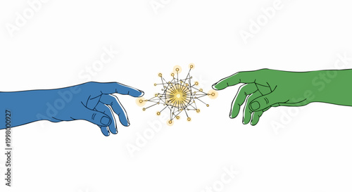 Conceptual virus transmission vector illustration, blue and green hands reaching for coronavirus cell, medical infection risk concept