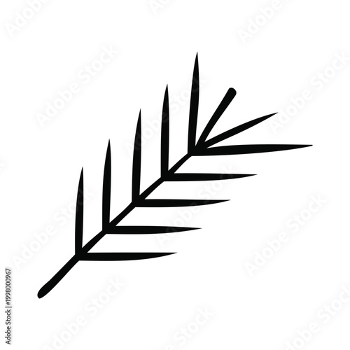 A minimalist black and white depiction of a palm frond branch with elongated leaves Vector