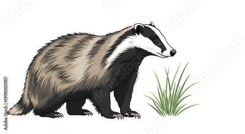 European badger with distinctive stripes standing in profile near a patch of green grass in a clean nature illustration style.