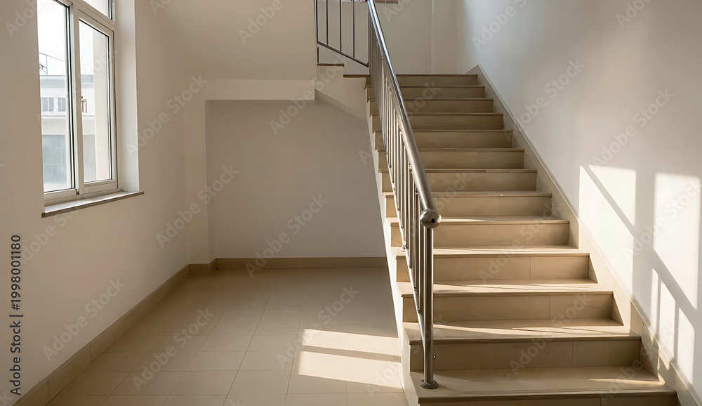 Fototapeta premium Indoor Staircase with Beige Tiles and Metal Handrail 