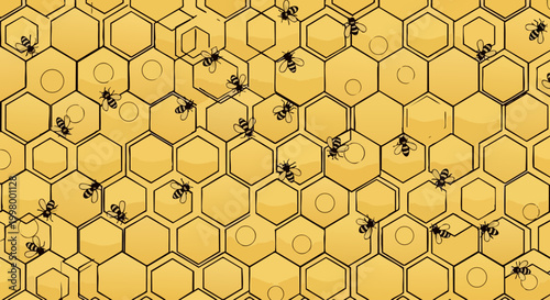 Golden honeycomb vector background, seamless hexagonal bee hive pattern, yellow honey comb texture with flying bees, organic nature backdrop