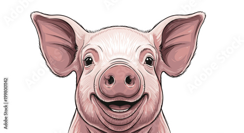 Close-up portrait of a happy pink pig with large ears and a wide friendly smile against a clean white background for farm design.