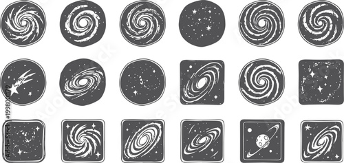 Set of stylized black and white galaxy and star