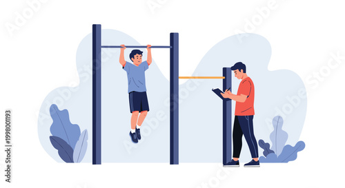Active young man performing pull-ups on a horizontal bar while a fitness trainer records his physical progress in a small notebook.