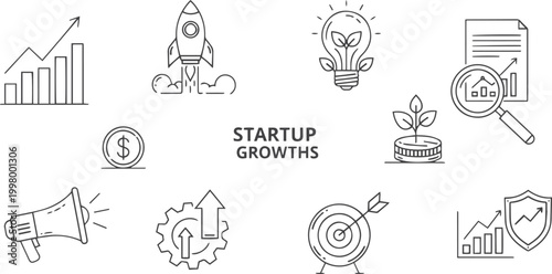 Startup growth rocket, lightbulb, target, and finance