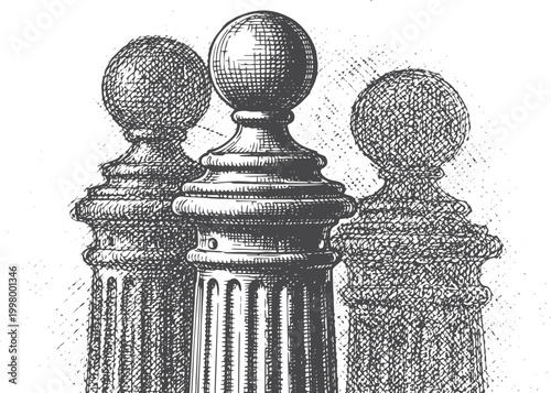 Three ornate finials with ball tops, style