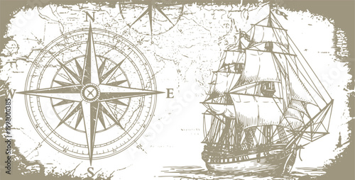 Vintage sailing ship and compass on old map