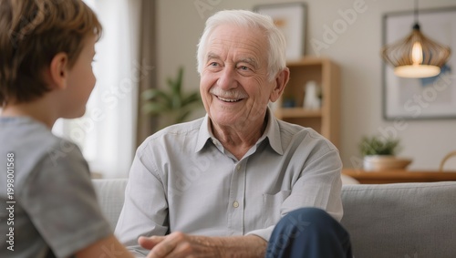 Smiling senior man talking with child at home